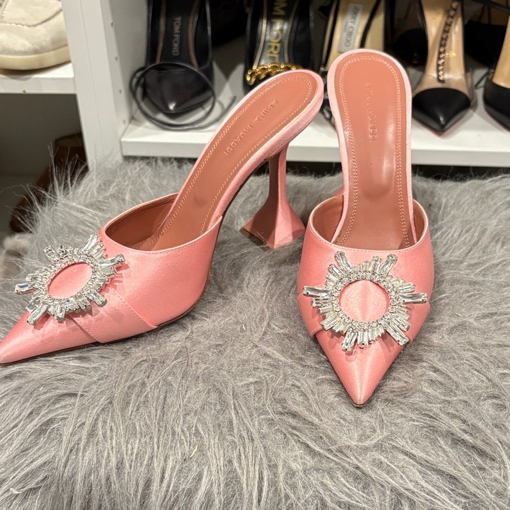 Amina Muaddi Pink Satin Mules with Crystal Embellishment